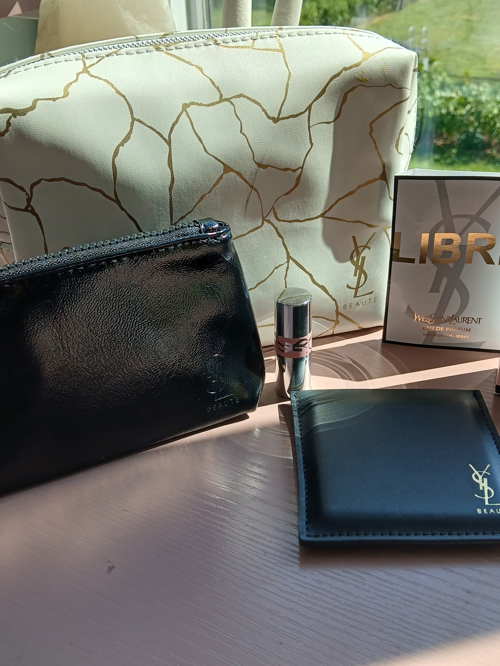 Yves Saint Laurent YSL 6 Pc Bundle [2 Cosmetic Bags, Mirror, Serum, Lipstick +]
